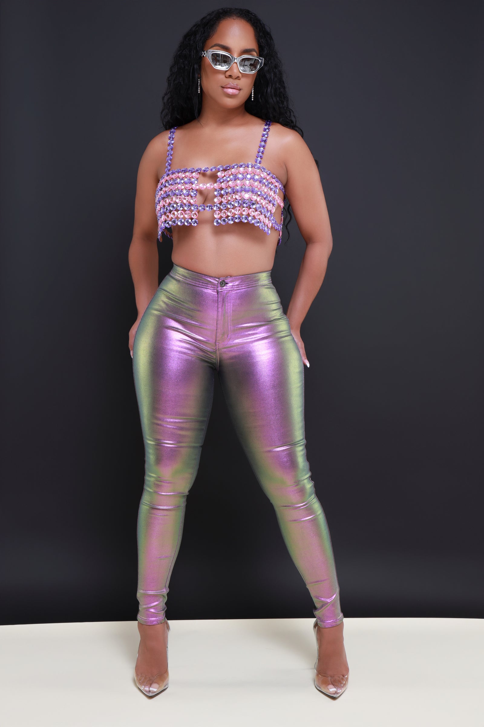 Coming In Hot High Rise Metallic Skinny Pants - Purple - Swank A Posh