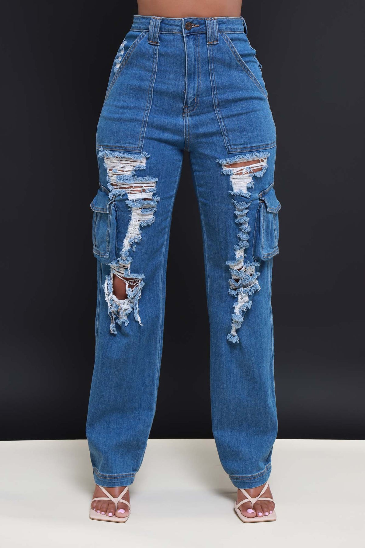 
              Used To Be Distressed Cargo Jeans - Medium Wash - Swank A Posh
            