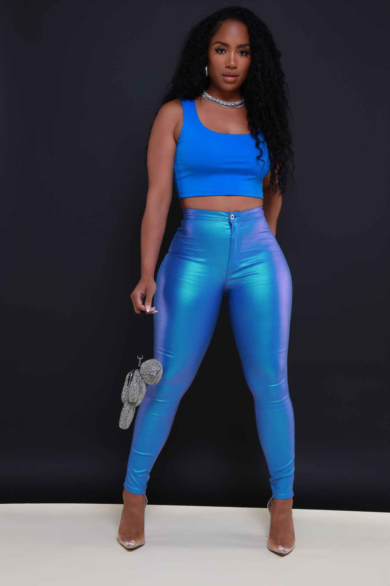 Coming In Hot High Rise Metallic Skinny Pants - Sky Blue - Swank A Posh
