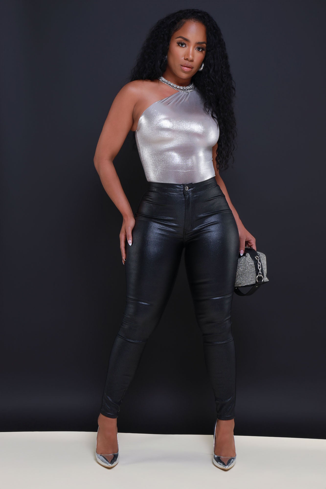 Coming In Hot High Rise Metallic Skinny Pants - Black - Swank A Posh