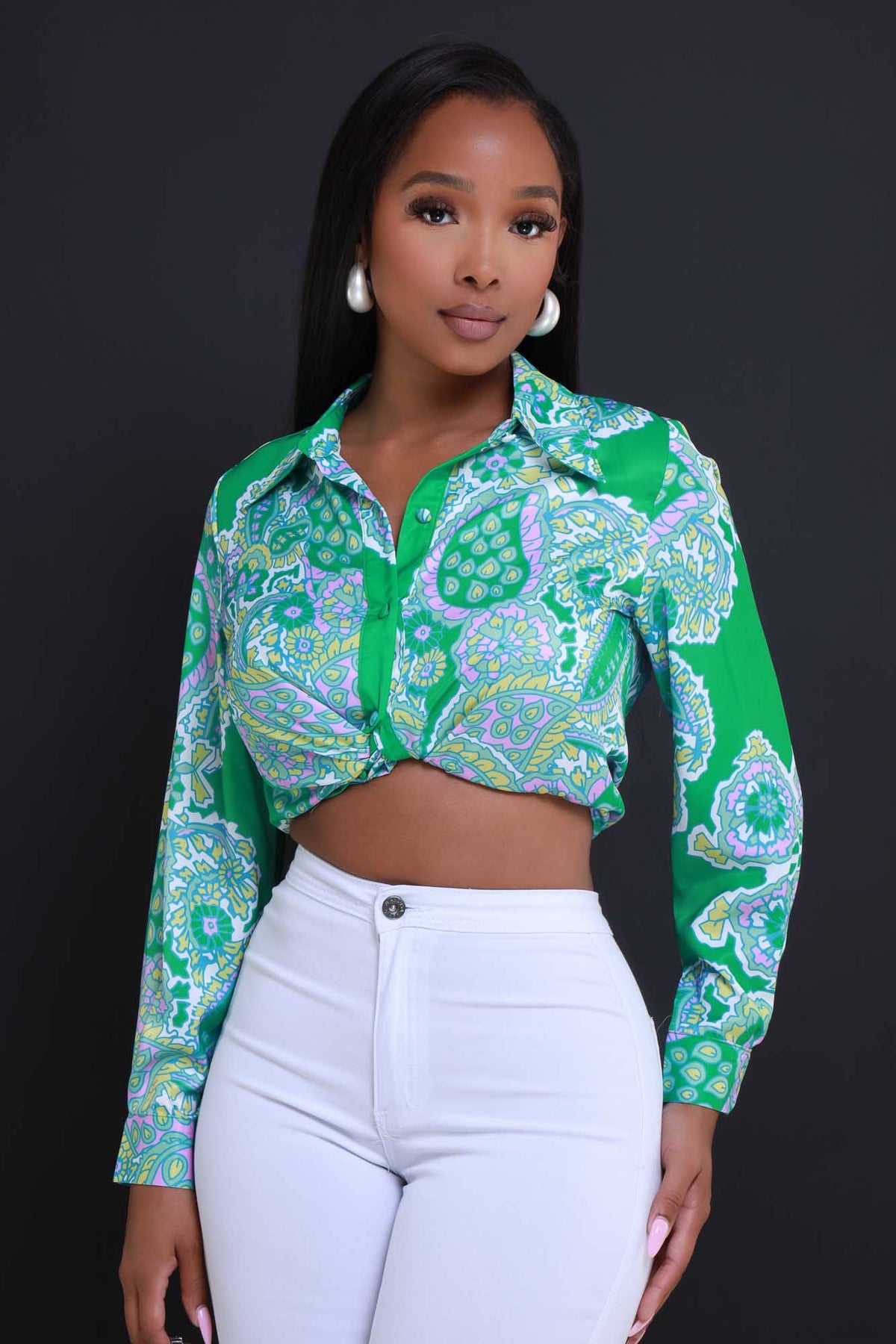 
              Close Friend Printed Button Up Top - Green Multicolor - Swank A Posh
            