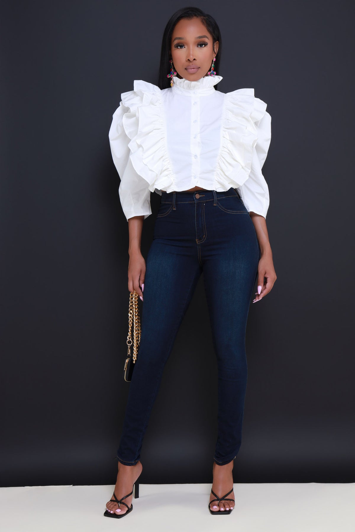 
              After Thought Mock Neck Ruffled Button Up Top - White - Swank A Posh
            