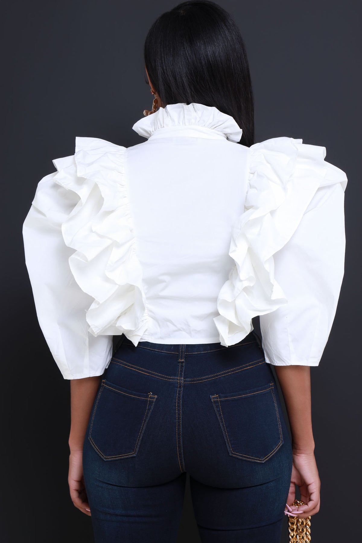 
              After Thought Mock Neck Ruffled Button Up Top - White - Swank A Posh
            