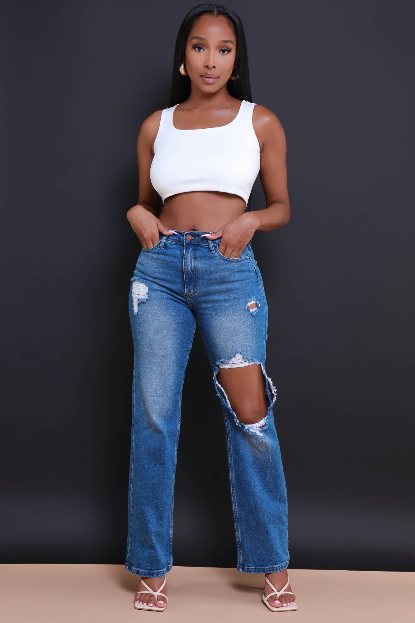 No Cap High Rise Distressed Bootcut Jeans - Medium Stone - Swank A Posh