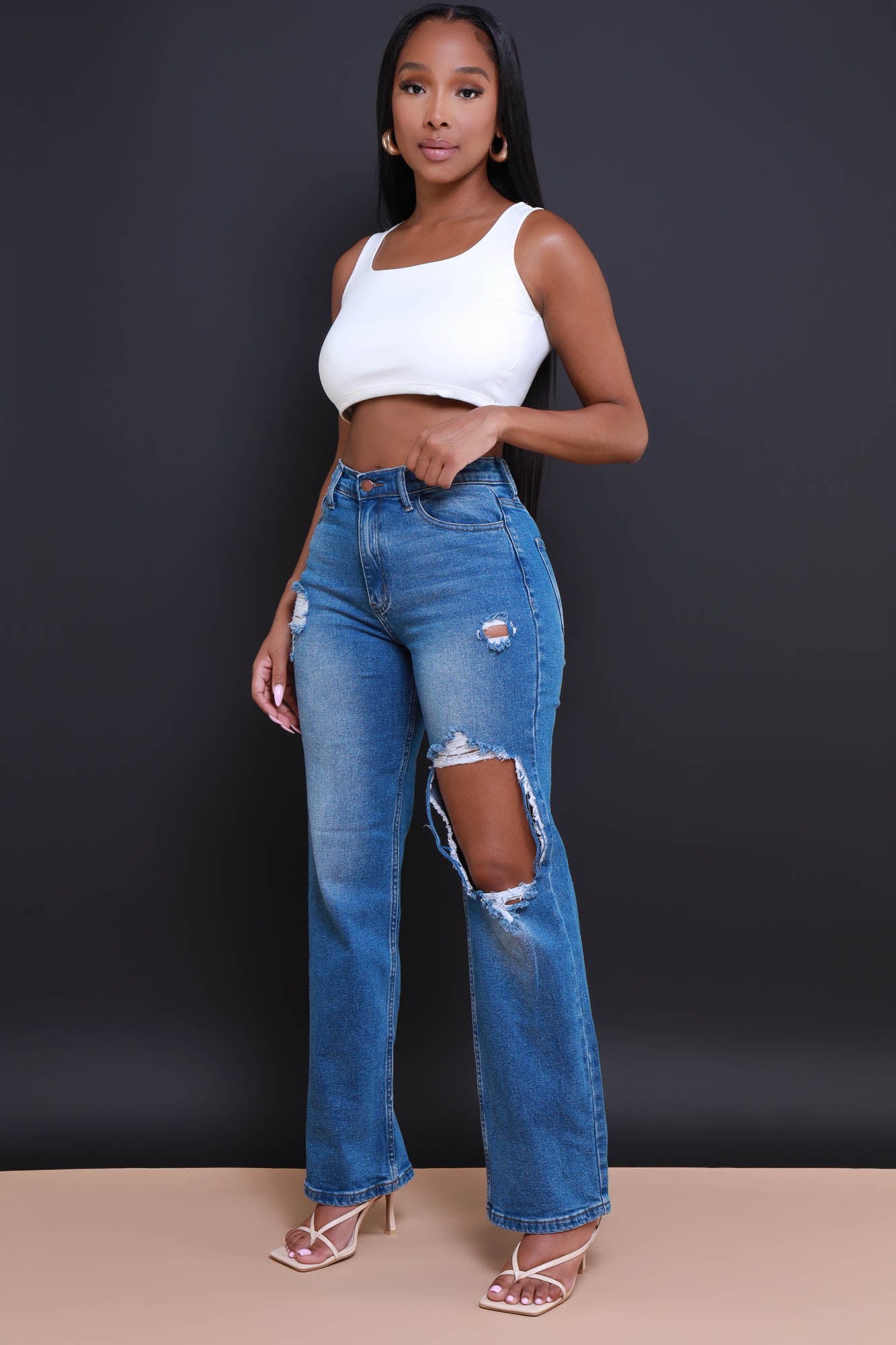 Light Stone Highwaisted Distressed Bell Bottoms