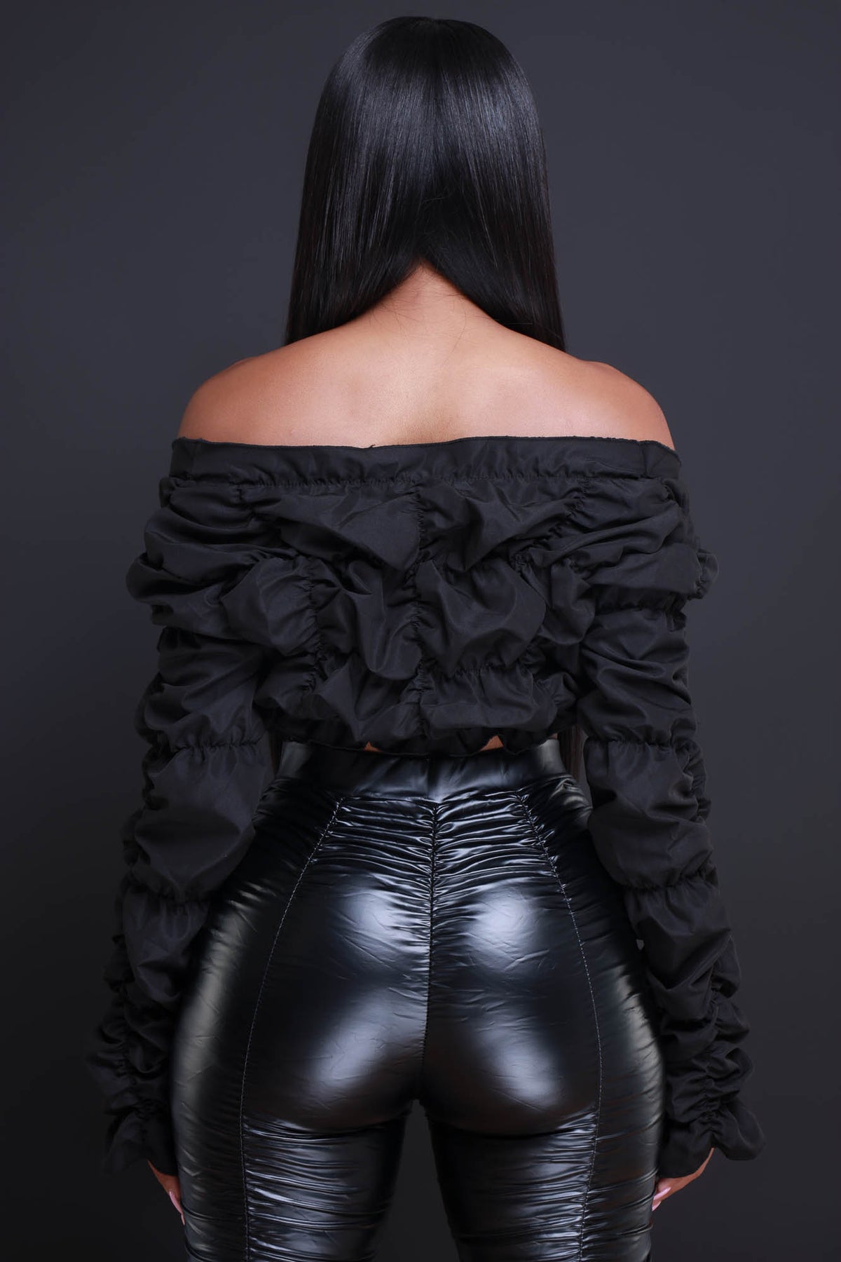 
              Take The Hint Ruched Ruffle Crop Top - Black - Swank A Posh
            