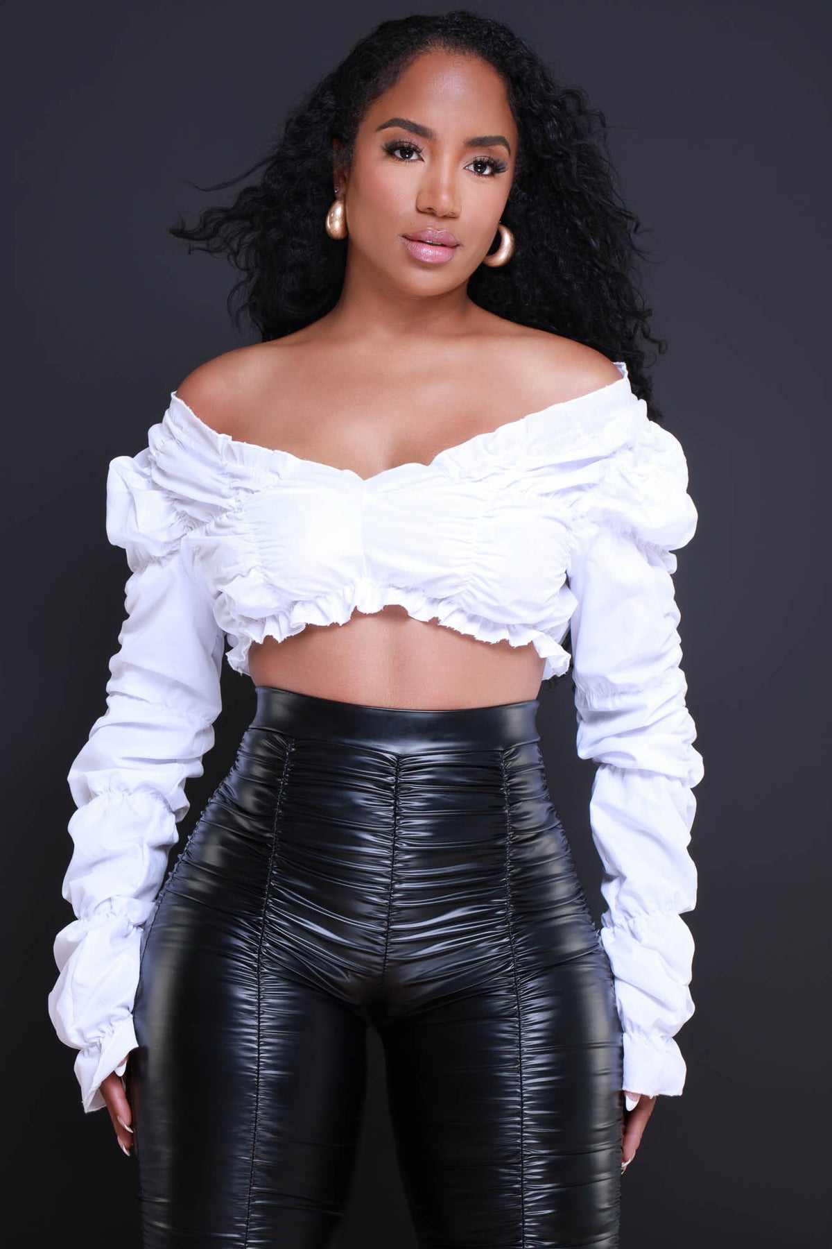 
              Take The Hint Ruched Ruffle Crop Top - White - Swank A Posh
            