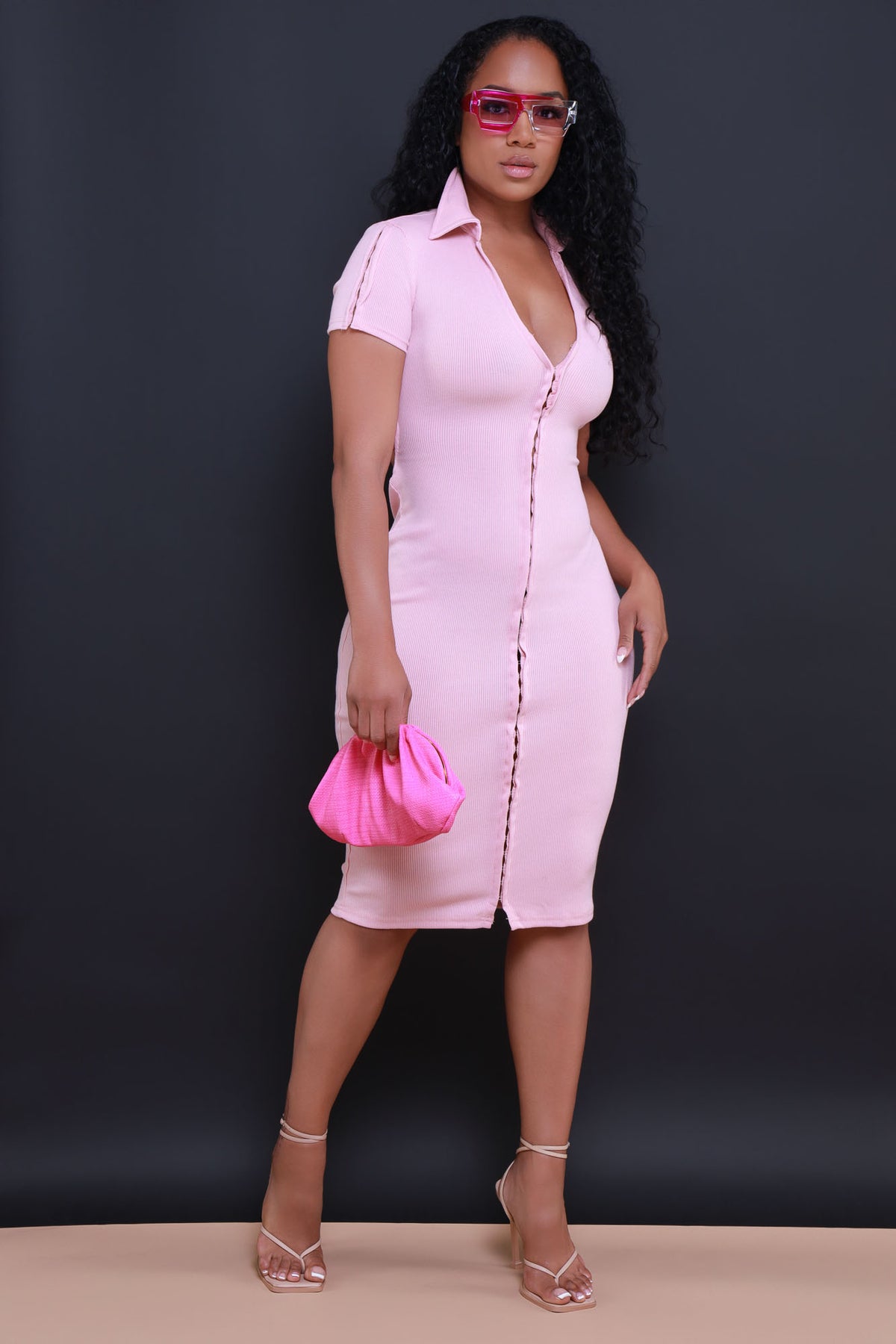 
              Give It Up Ribbed Button Down Midi Dress - Pink - Swank A Posh
            