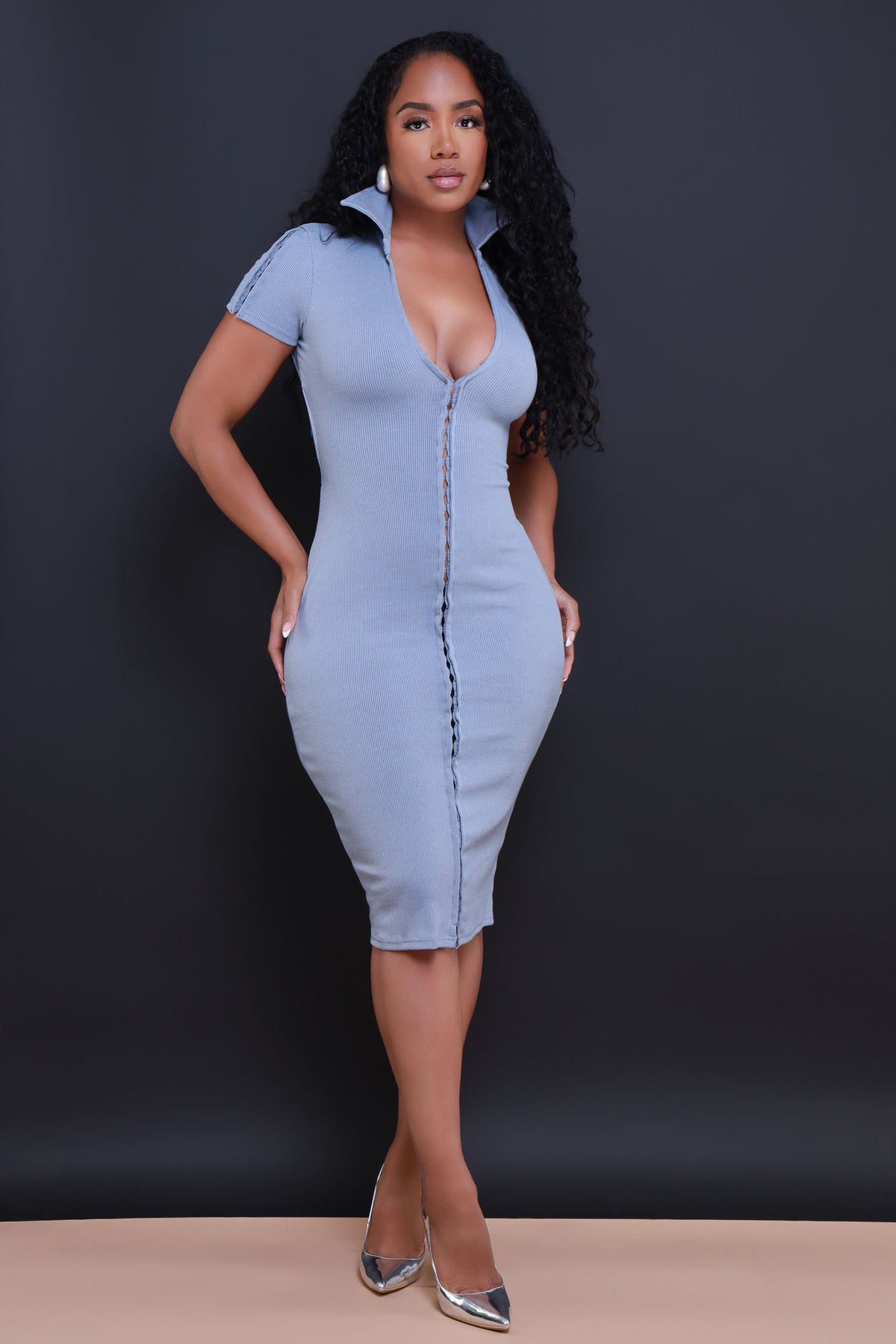 
              Give It Up Ribbed Button Down Midi Dress - Grey Blue - Swank A Posh
            