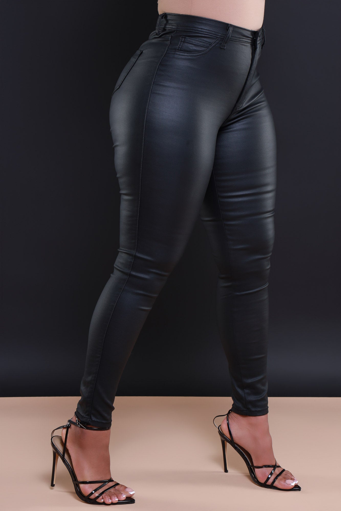 Amy Lynn PU high waisted trouser with v shape waistband in black