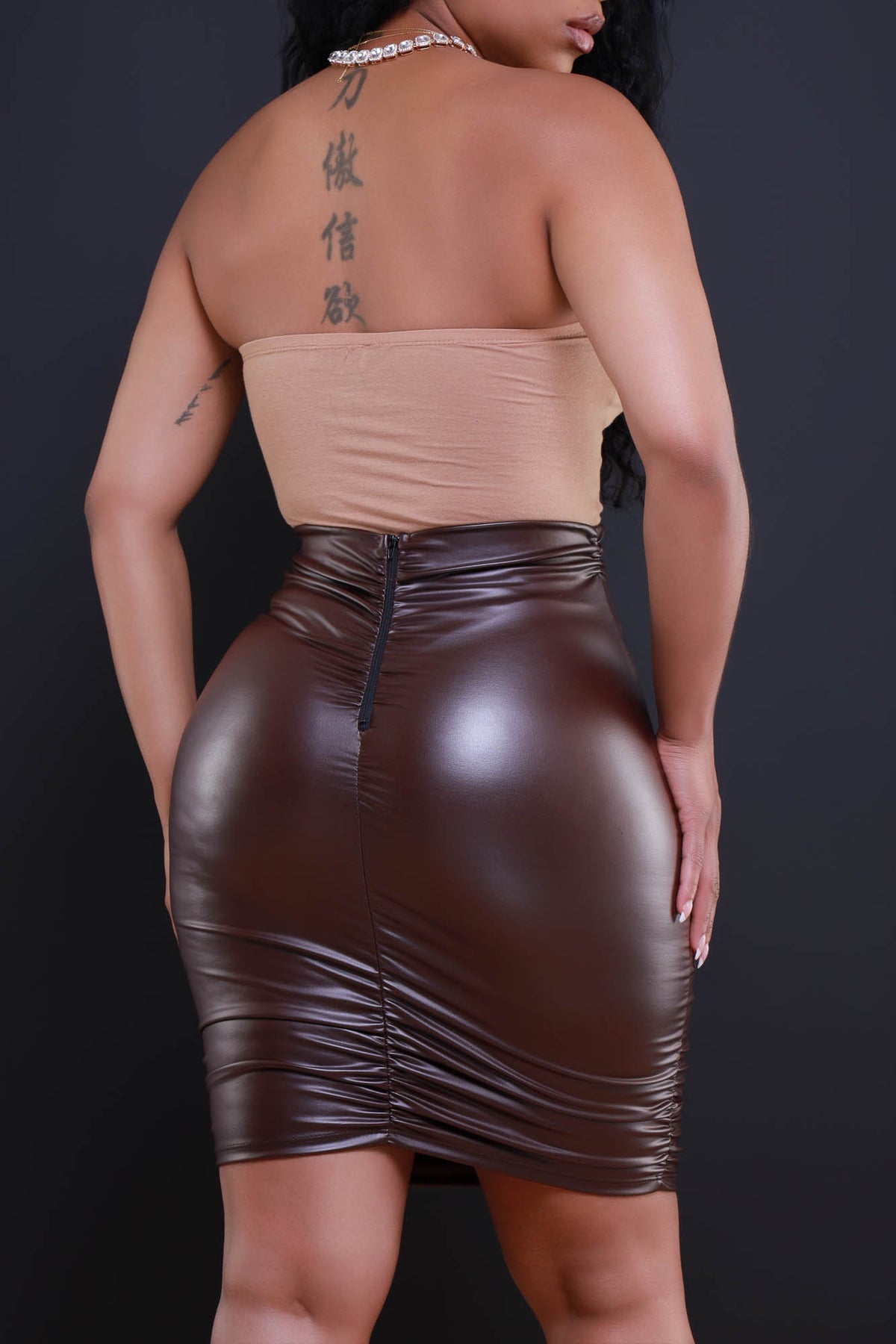 
              Roll Camera Ruched Faux Leather Mini Skirt - Chocolate - Swank A Posh
            