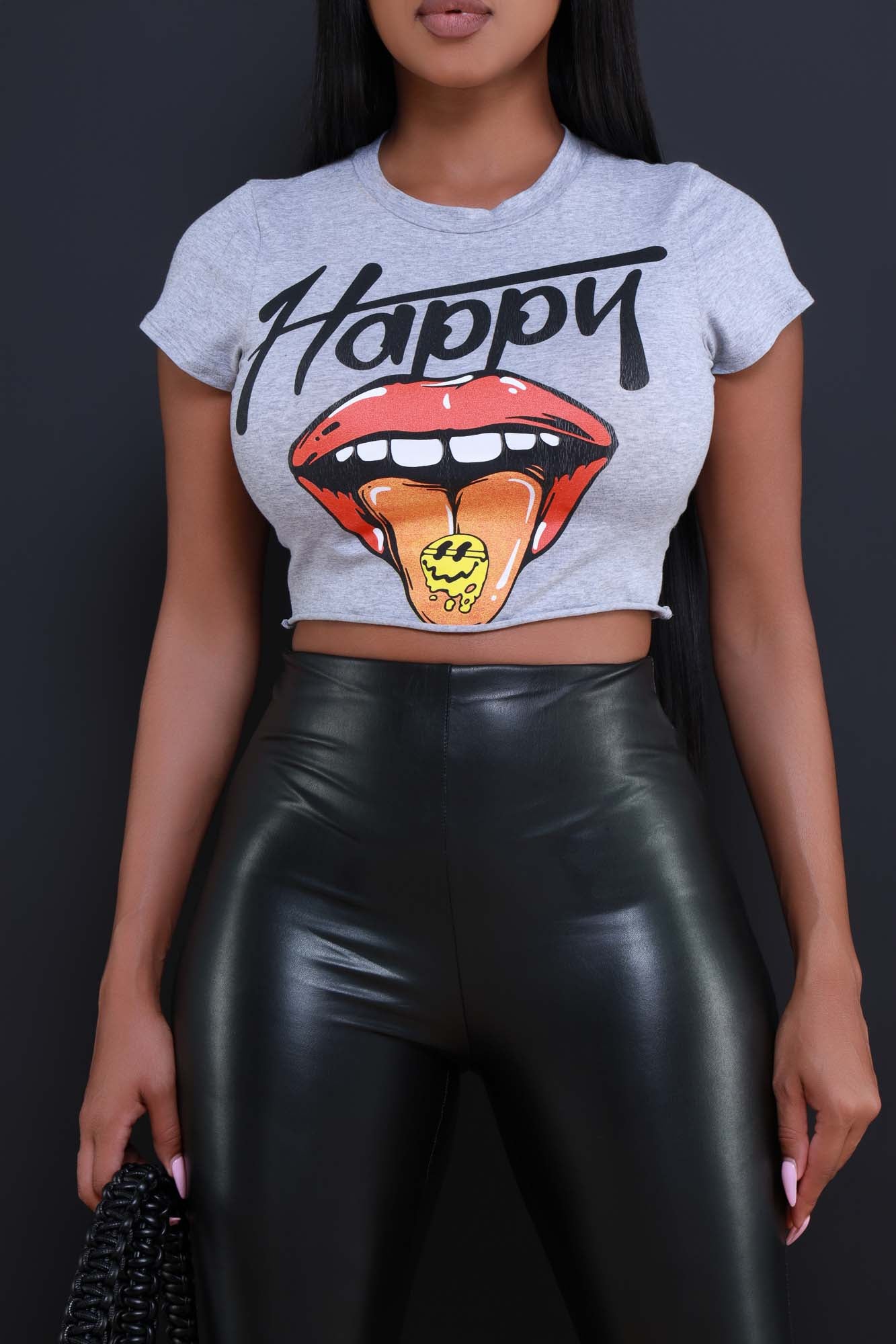 Happy Now Graphic Print Cropped T-Shirt - Heather Grey