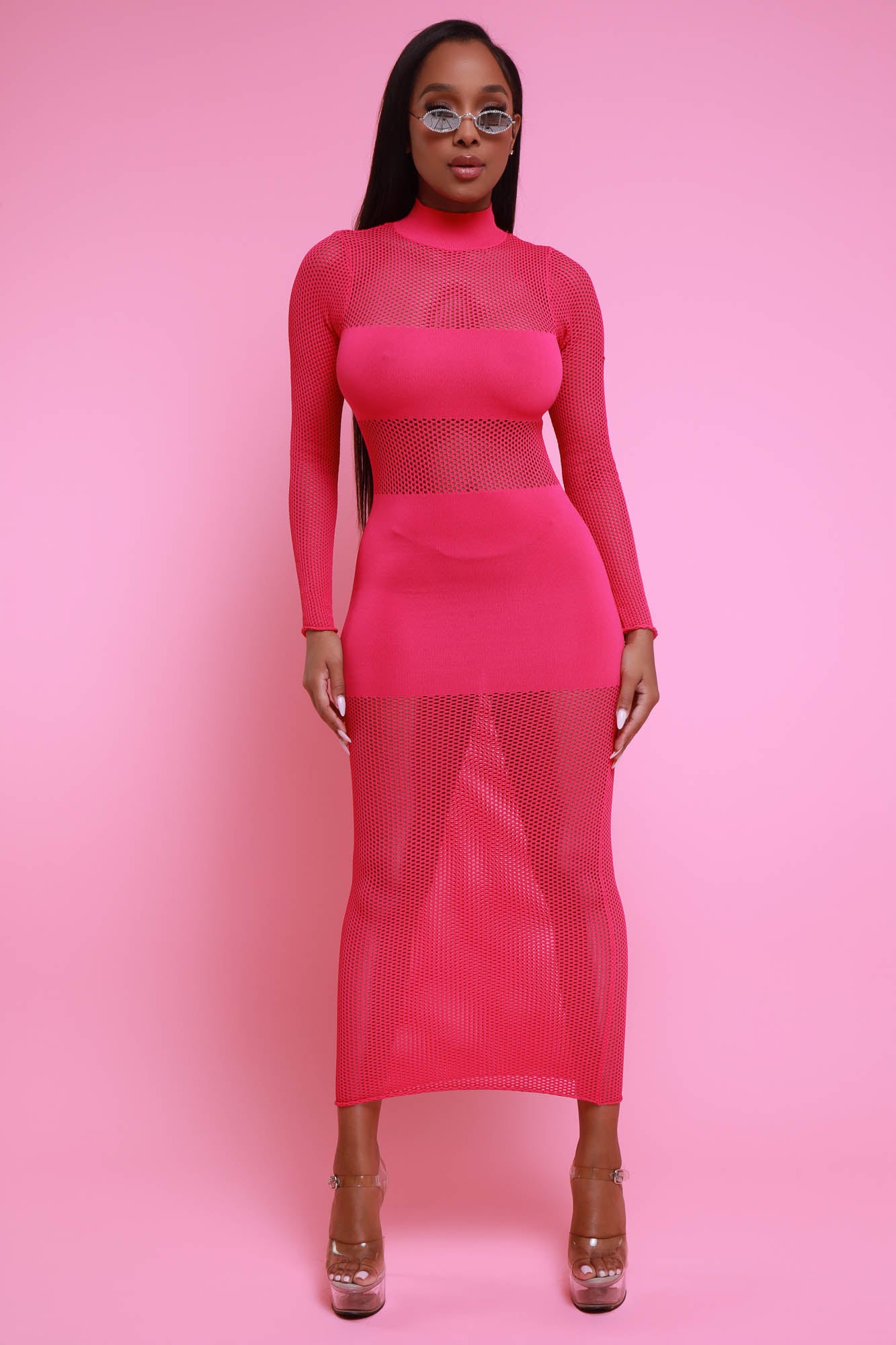 Modern Movement Hot Pink Mesh Ruched Mock Neck Mini Dress