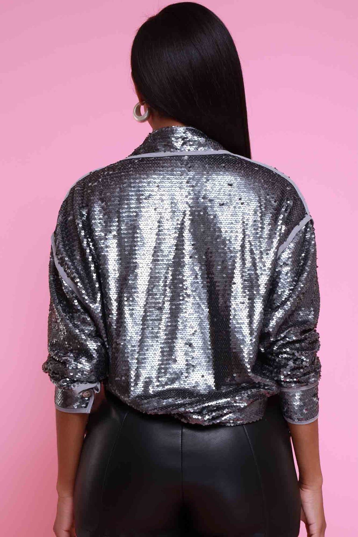 
              Feel The Spark Oversized Sequin Button Up - Gunmetal Gray - Swank A Posh
            