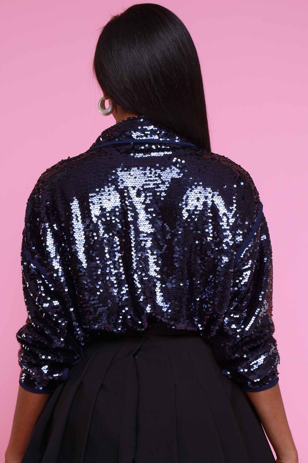 
              Feel The Spark Oversized Sequin Button Up - Navy - Swank A Posh
            
