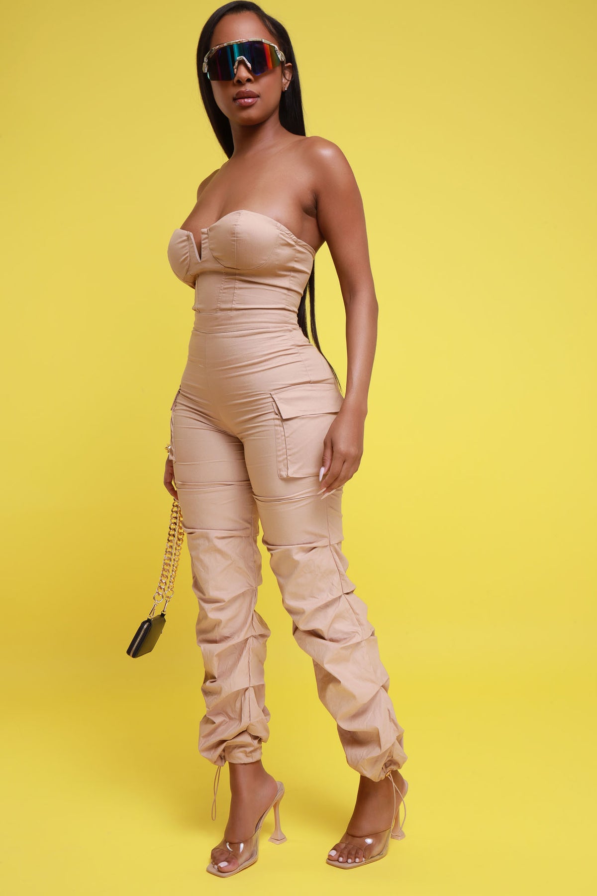 
              Guest List Strapless Bodycon Cargo Jumpsuit - Taupe - Swank A Posh
            