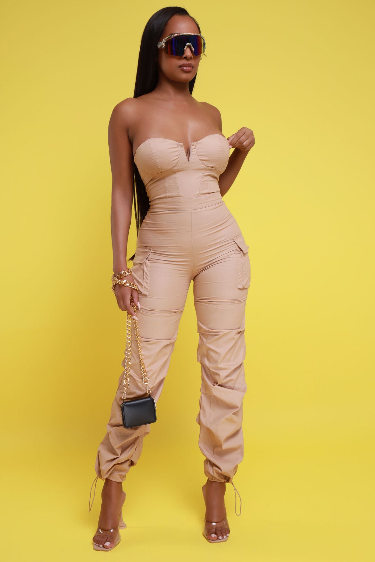 
              Guest List Strapless Bodycon Cargo Jumpsuit - Taupe - Swank A Posh
            