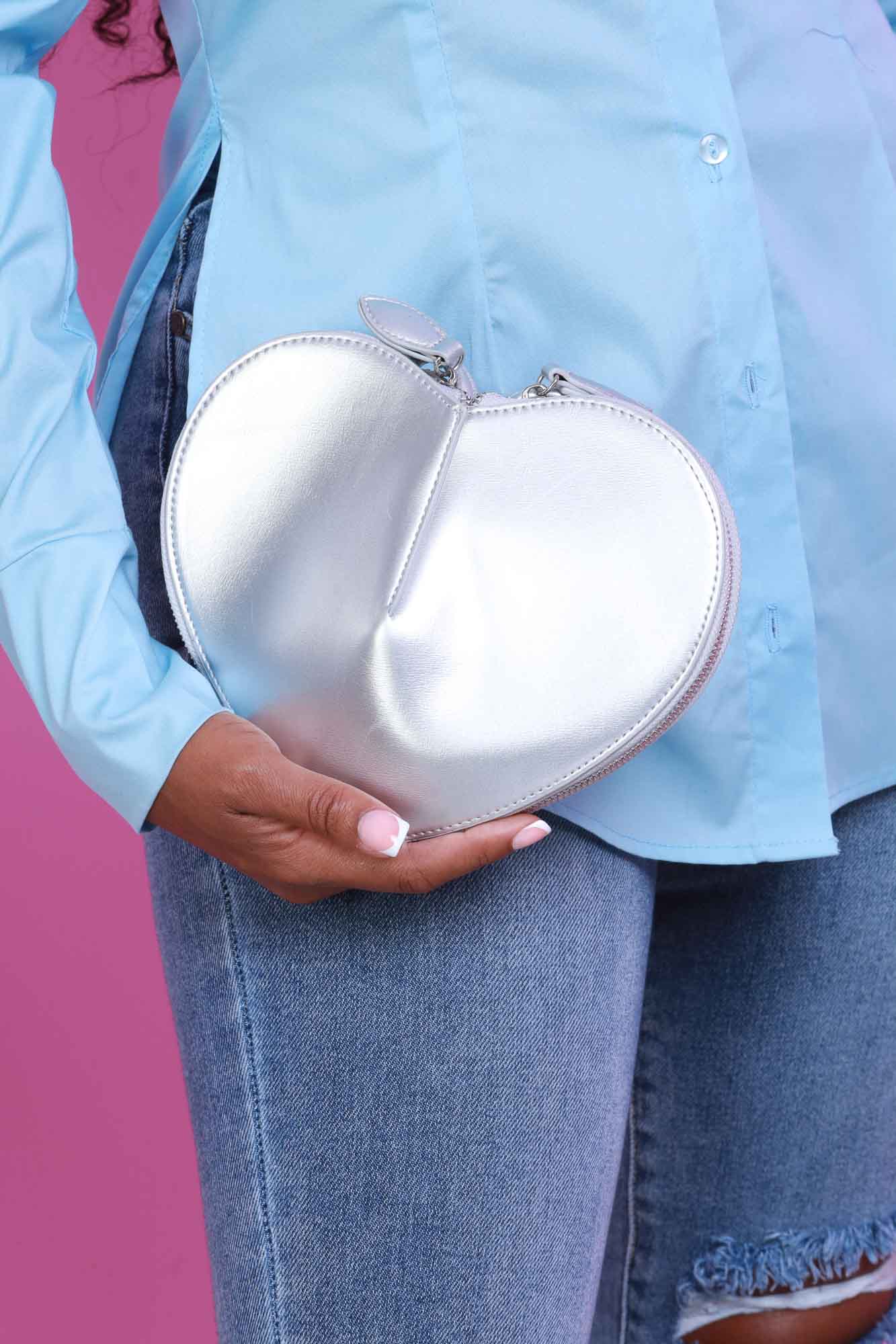 Love You More Heart Shaped Crossbody Purse - Silver