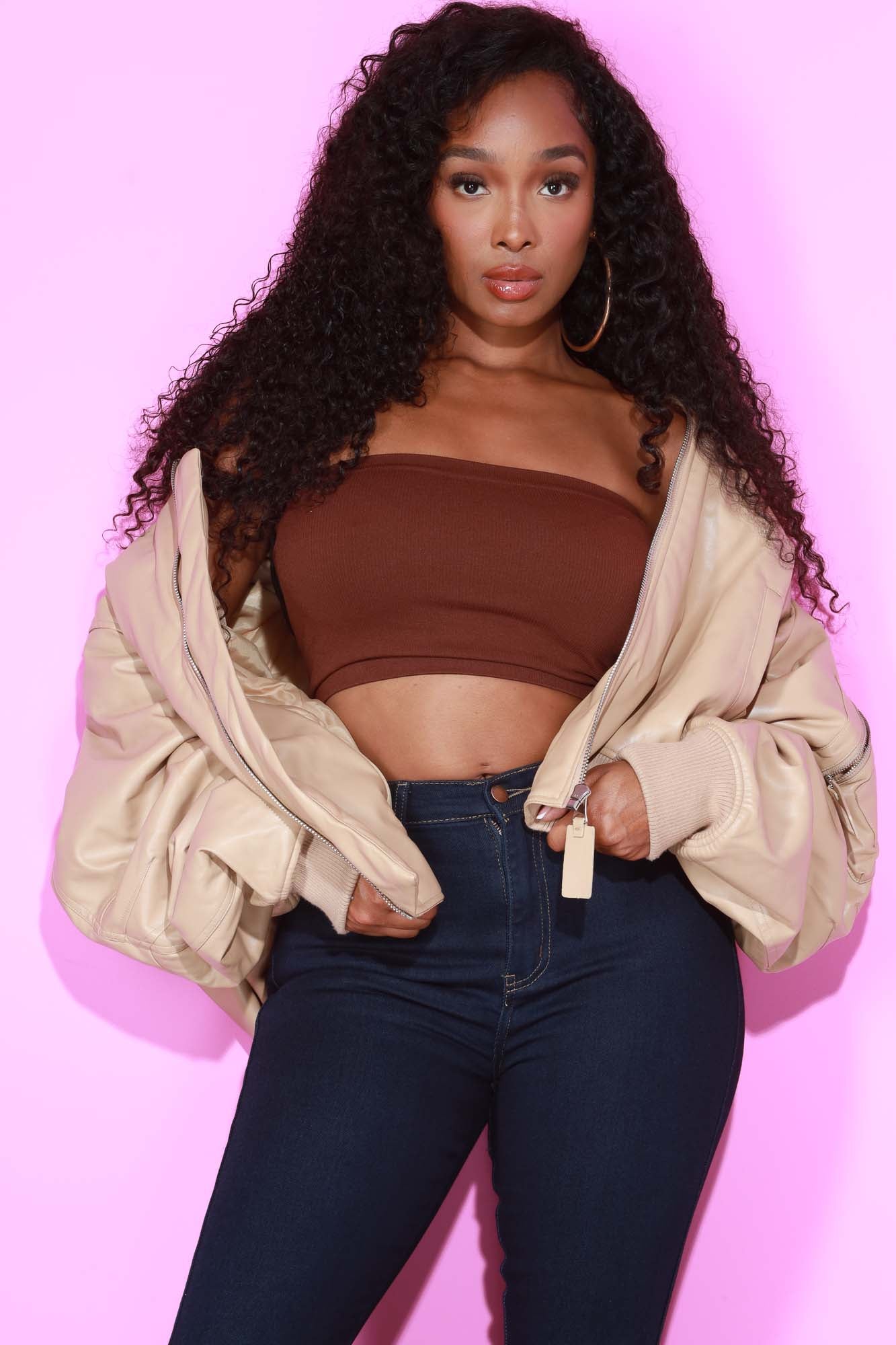 Don’t Blink Twice Faux Leather Bomber Jacket - Nude
