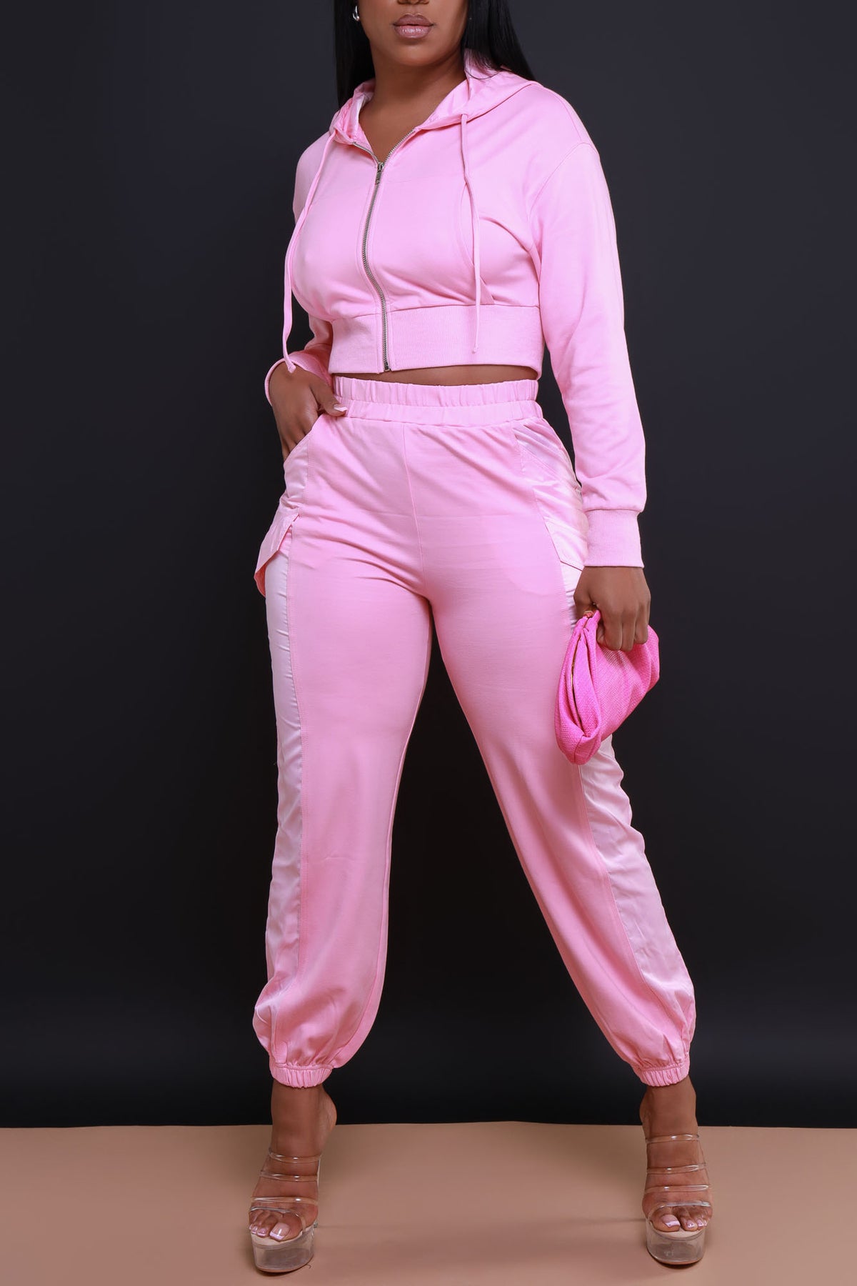 
              Not So Basic Zip Up Hooded Pants Set - Pink - Swank A Posh
            