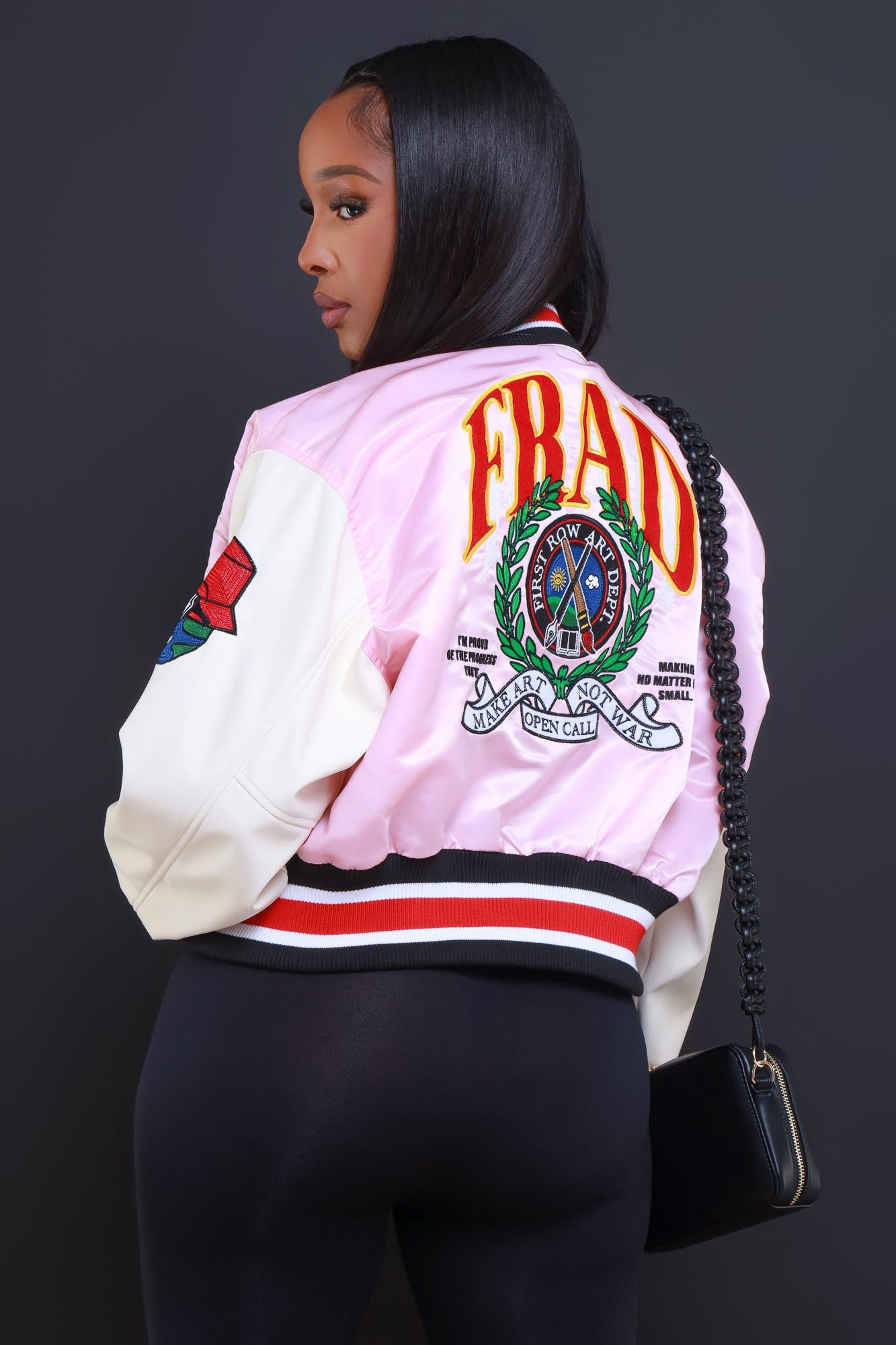 Best In Class Cropped Faux Leather Varsity Jacket - Pink/White