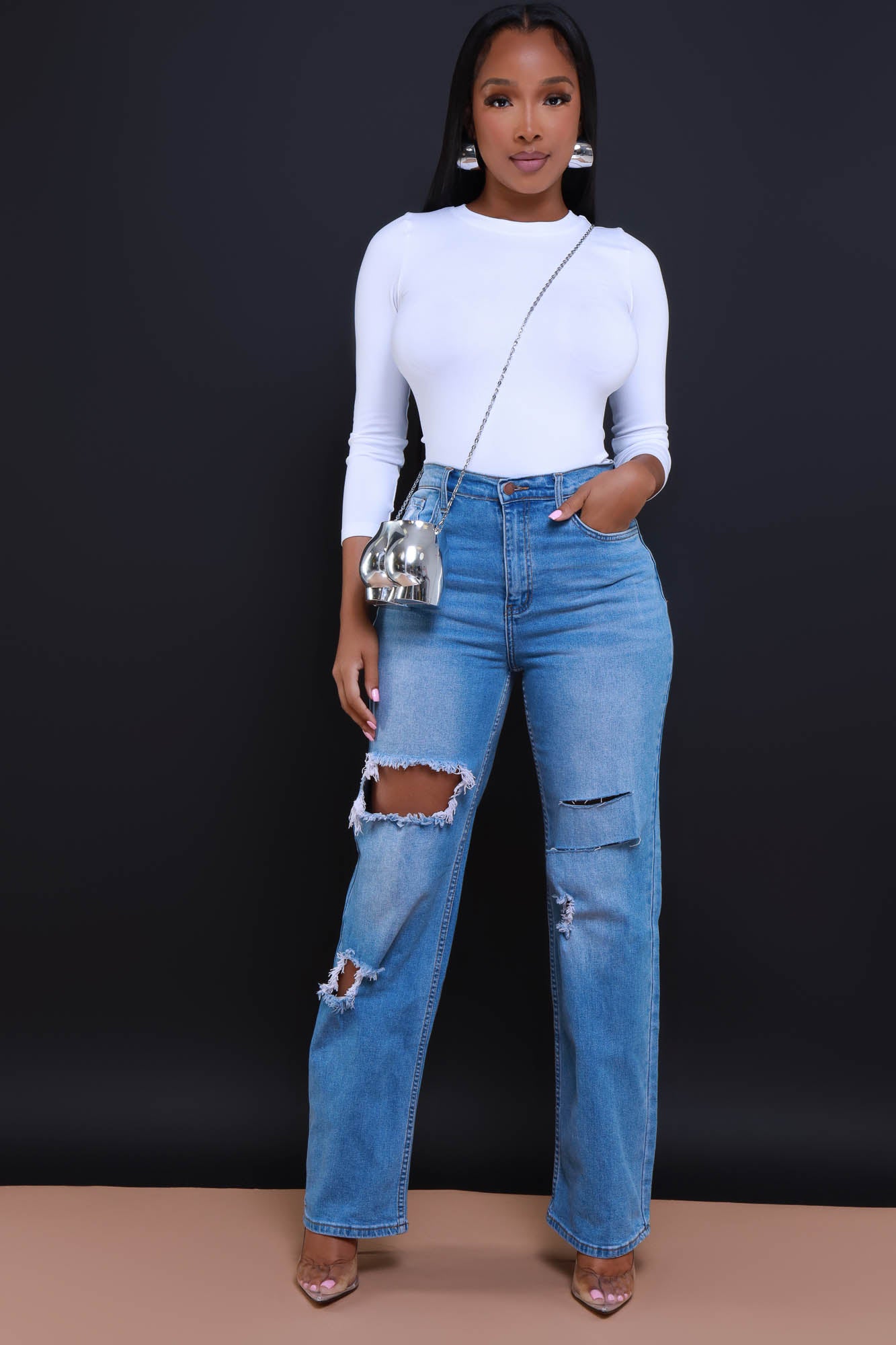 Back Talk High Rise Distressed Stretch Bootcut Jeans - Medium Wash - Swank A Posh
