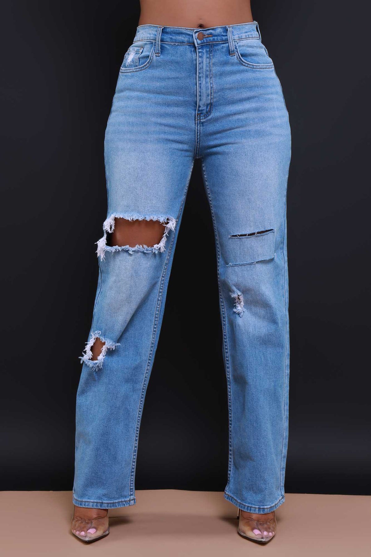 
              Back Talk High Rise Distressed Stretch Bootcut Jeans - Medium Wash - Swank A Posh
            