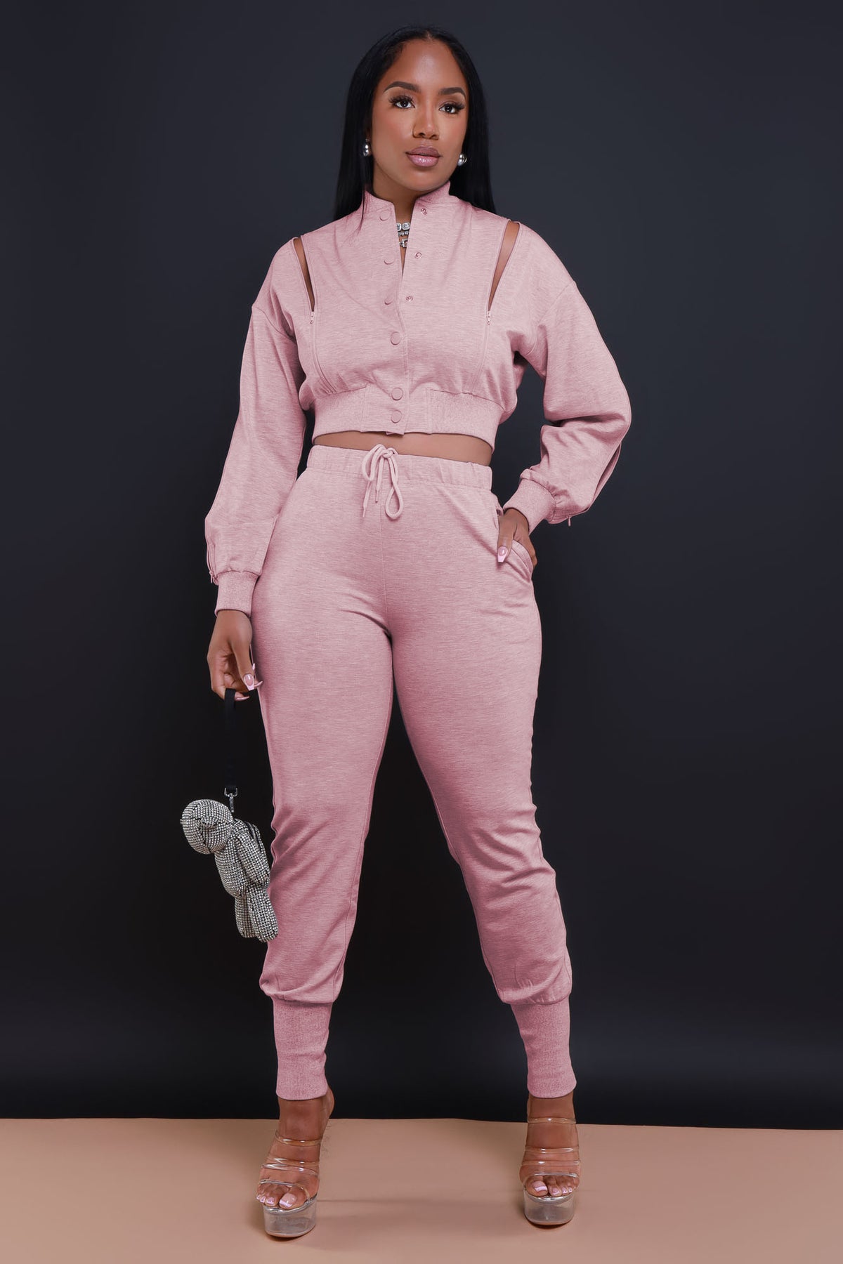 
              Top Priority Zippered Cropped Jogger Set - Salmon Pink - Swank A Posh
            