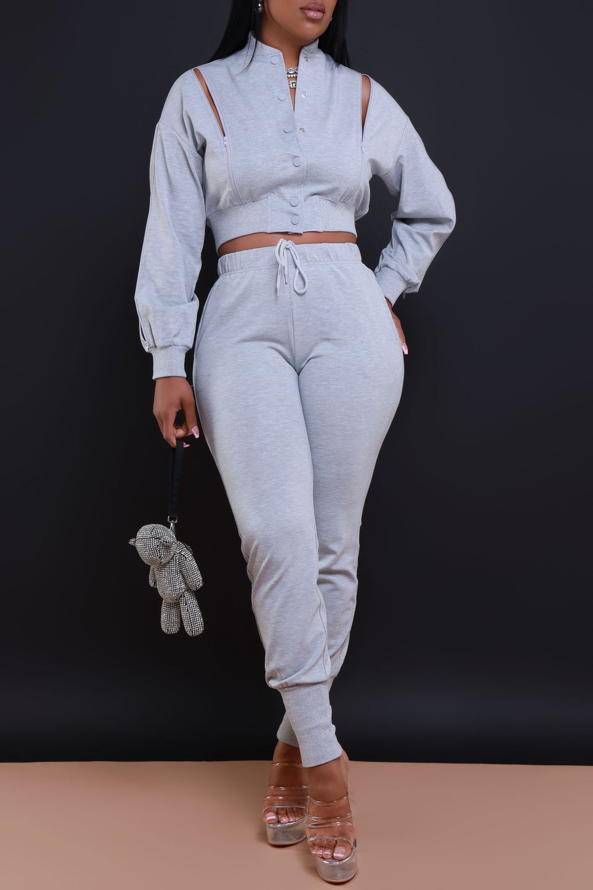 
              Top Priority Zippered Cropped Jogger Set - Heather Grey - Swank A Posh
            