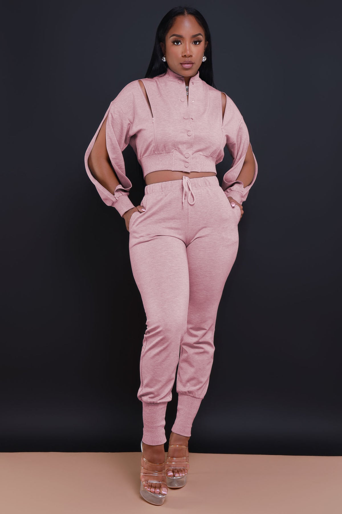 
              Top Priority Zippered Cropped Jogger Set - Salmon Pink - Swank A Posh
            