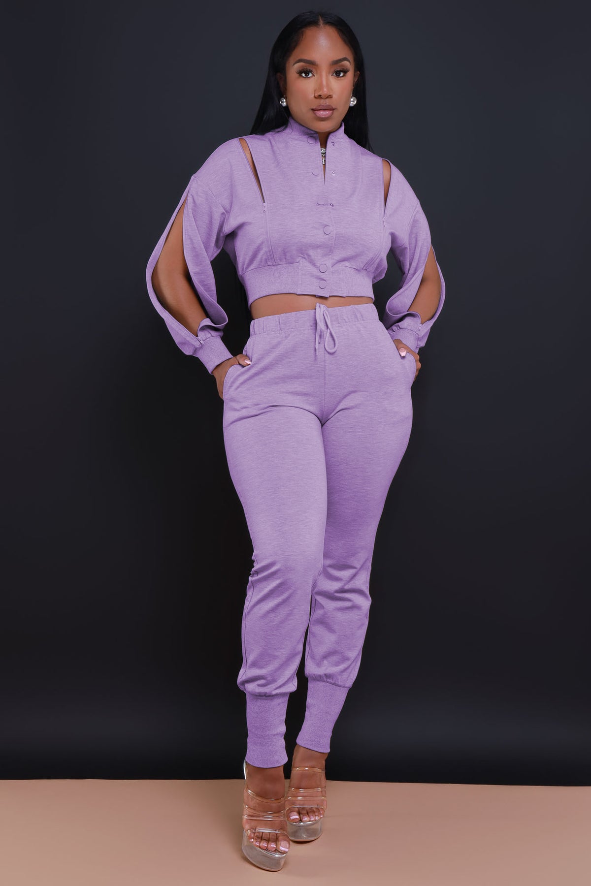 
              Top Priority Zippered Cropped Jogger Set - Lavender - Swank A Posh
            