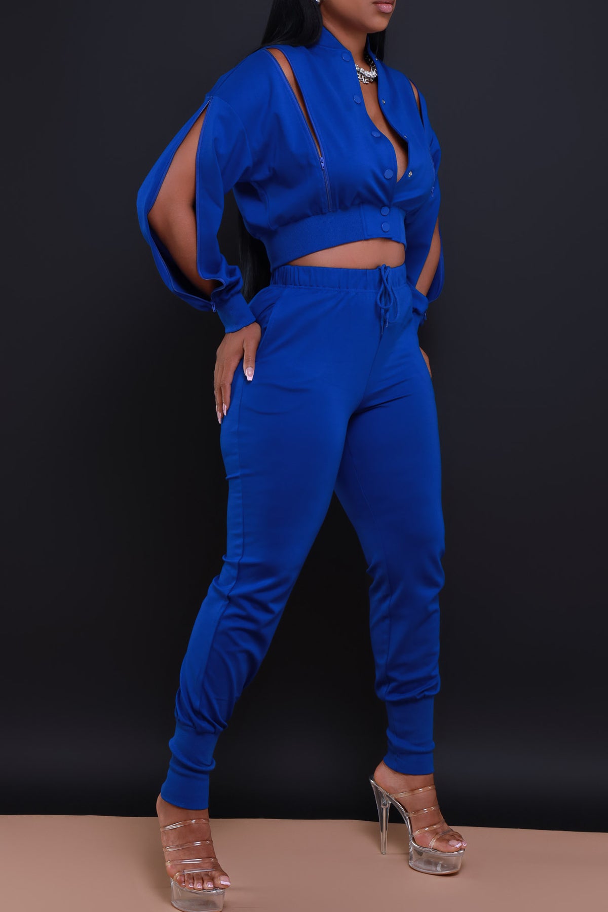 
              Top Priority Zippered Cropped Jogger Set - Royal Blue - Swank A Posh
            