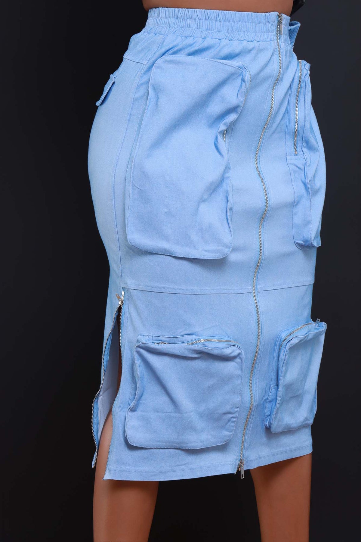 
              Get Busy Zippered Cargo Midi Skirt - Light Blue - Swank A Posh
            