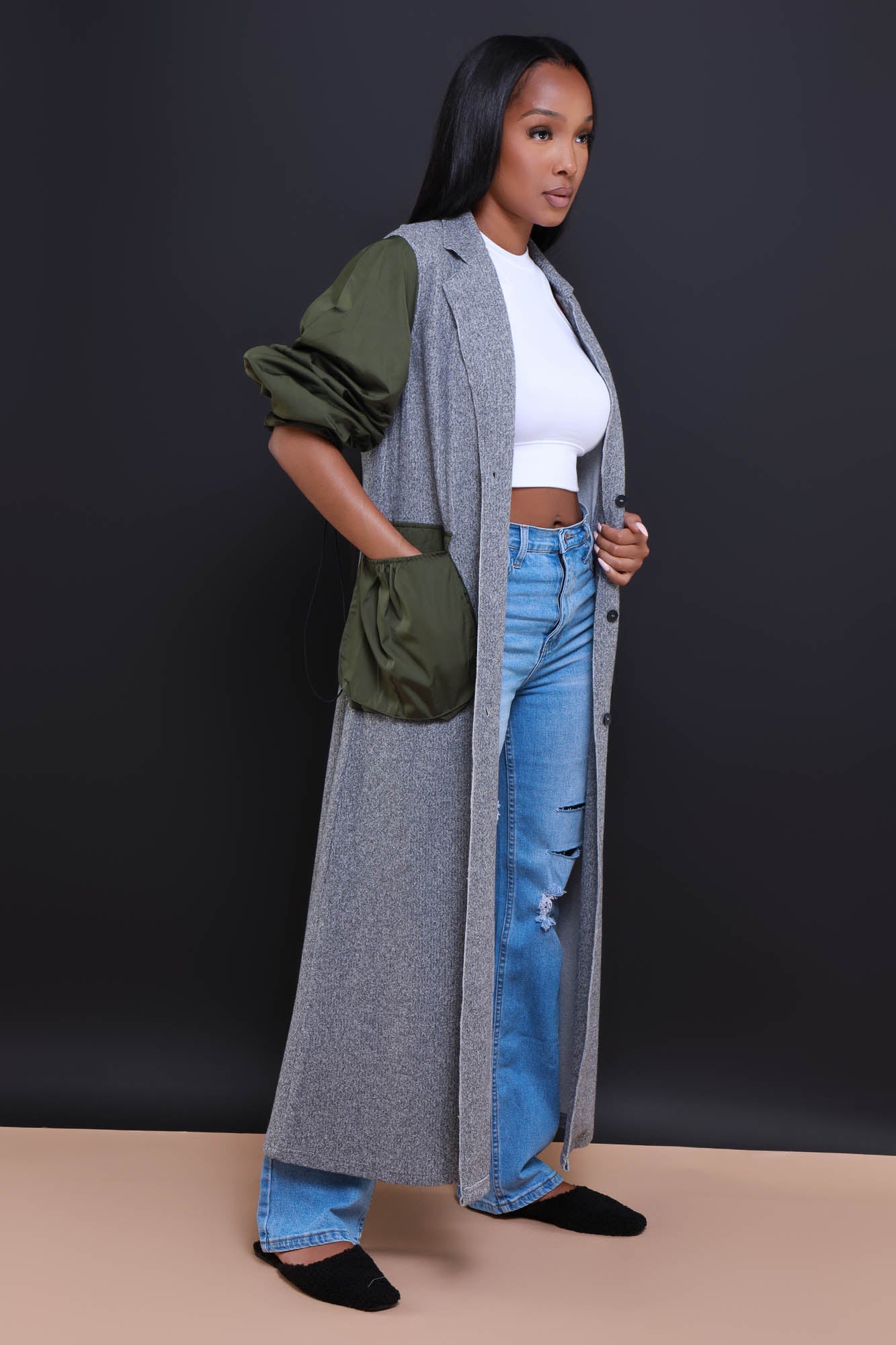 Leave It All Button Up Maxi Cardigan - Gray/Olive - Swank A Posh