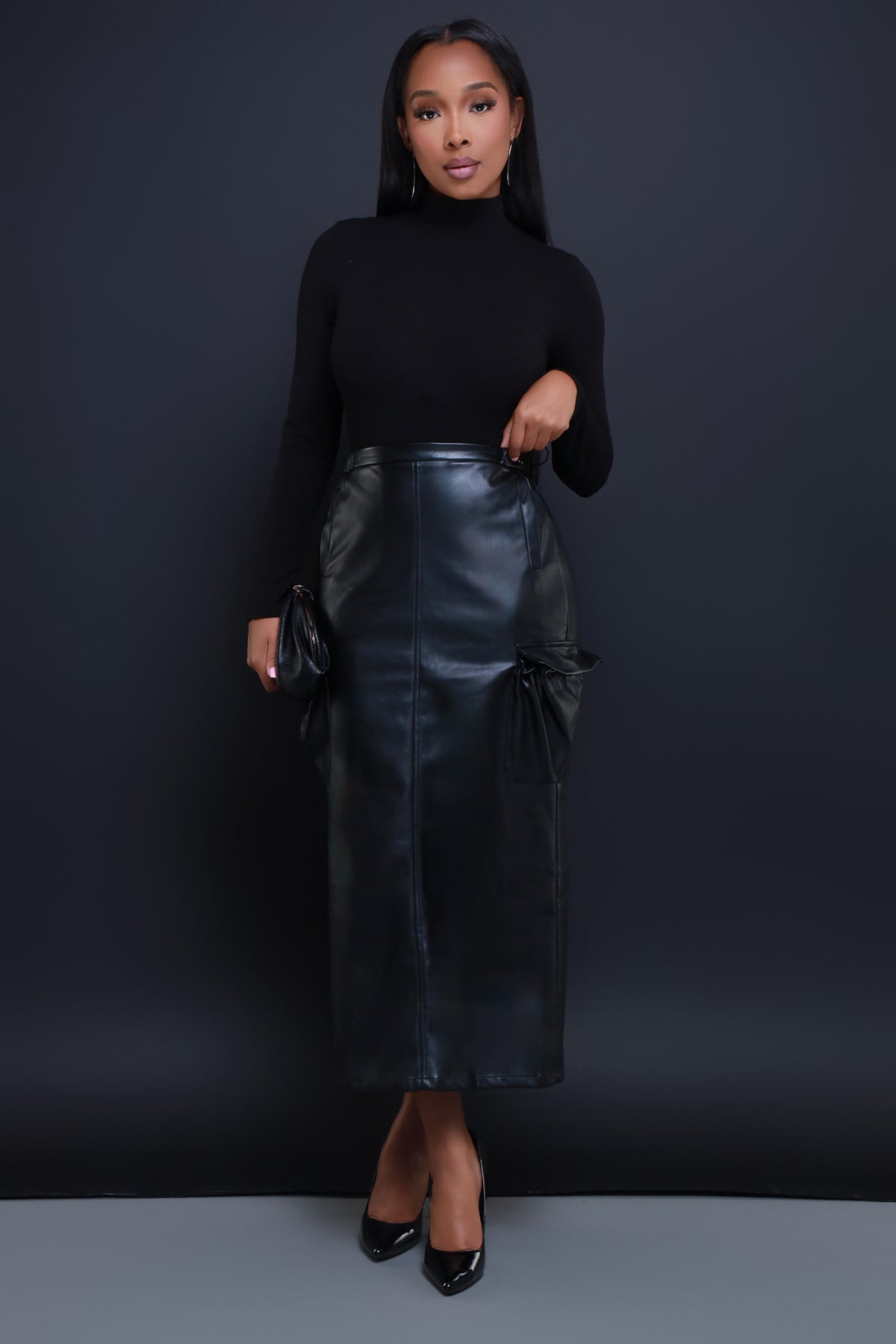 
              Dark Side Faux Leather Cargo Maxi Skirt - Black - Swank A Posh
            