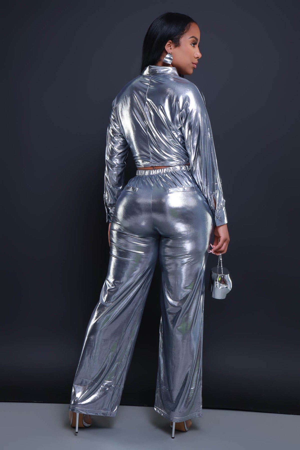 
              On The Radar Cropped Metallic Pants Set - Silver - Swank A Posh
            