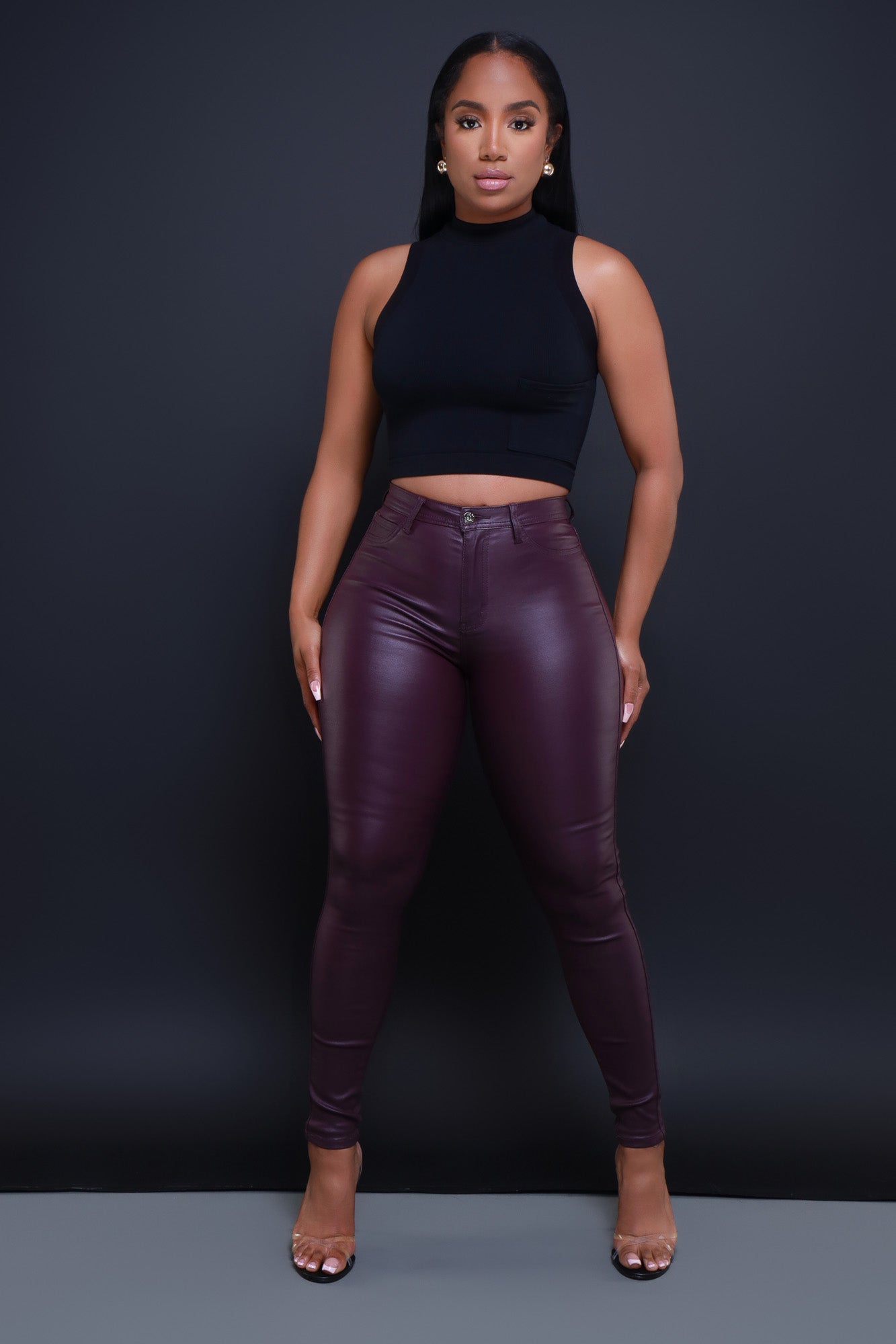 $1 JEANS SIZE SMALL ONLY‼️ Curve You Faux Leather High Rise Pants - Wine - Swank A Posh