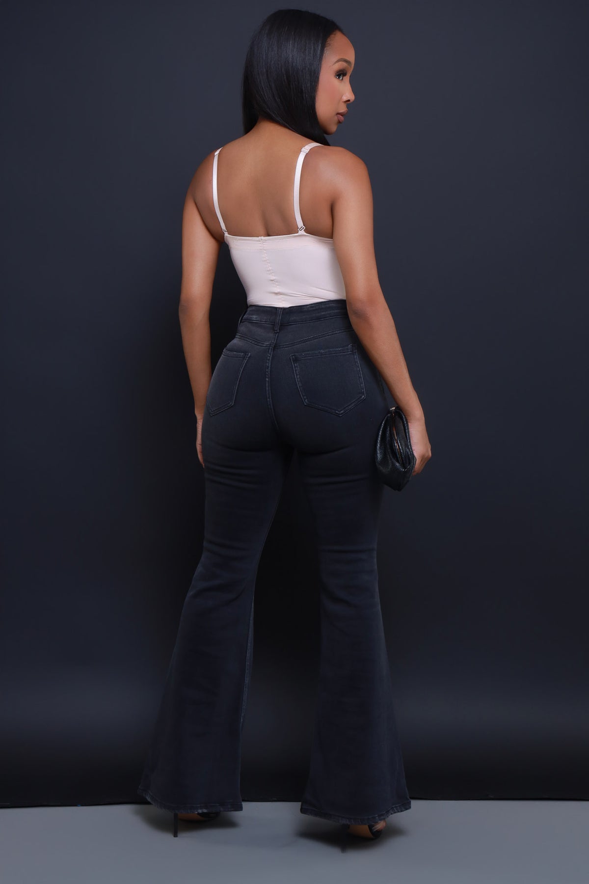 
              First To Go High Rise Super Flare Jeans - Dark Grey Wash - Swank A Posh
            