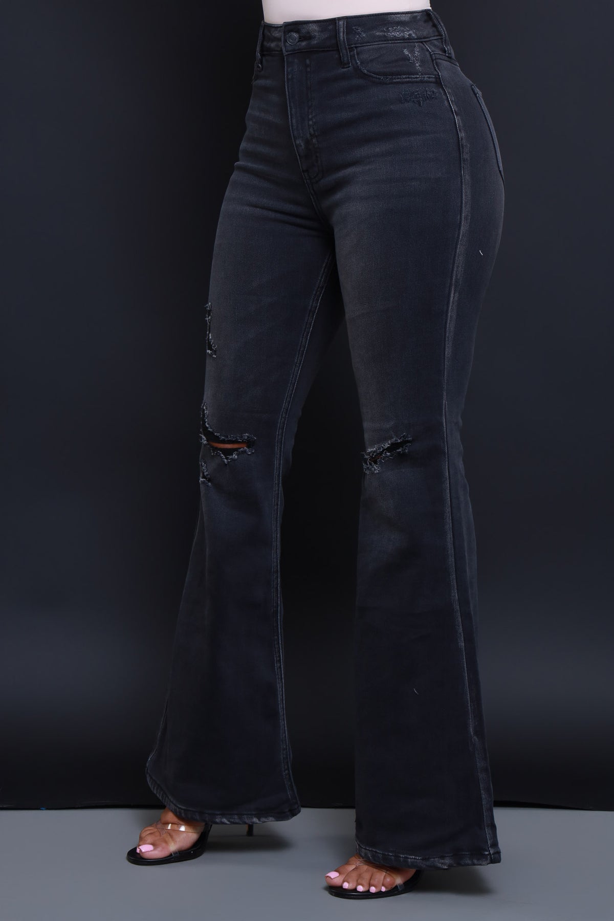 
              First To Go High Rise Super Flare Jeans - Dark Grey Wash - Swank A Posh
            