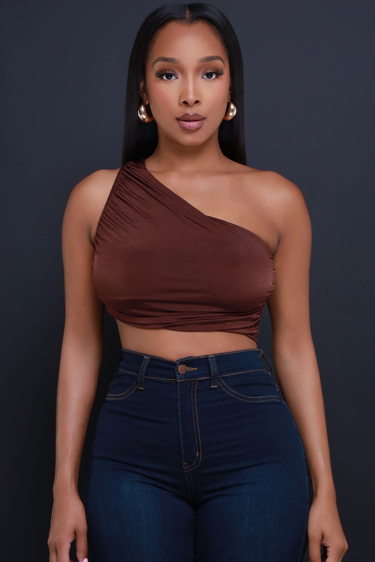 
              You Slick One Shoulder Ruched Crop Top - Chocolate - Swank A Posh
            