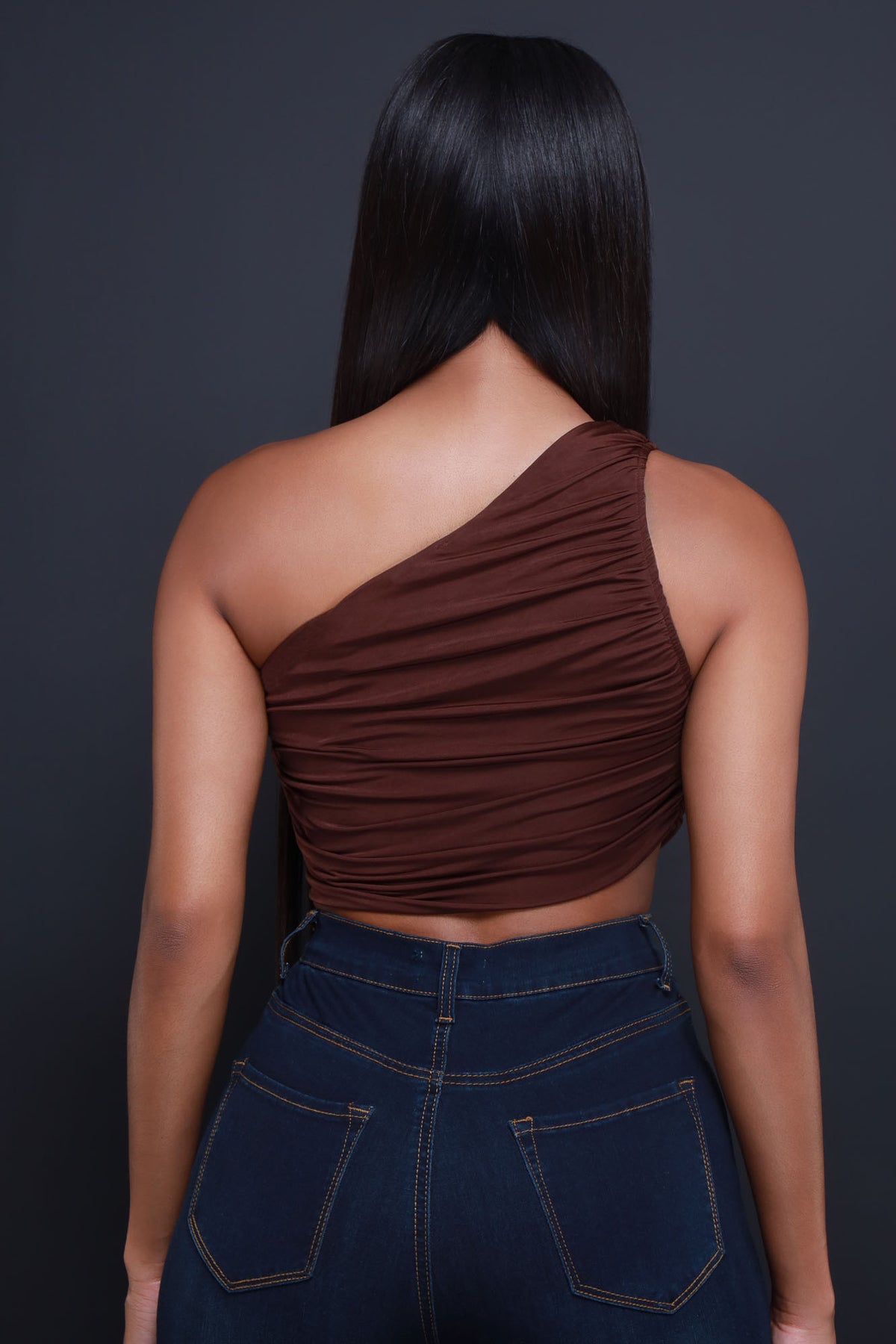 
              You Slick One Shoulder Ruched Crop Top - Chocolate - Swank A Posh
            