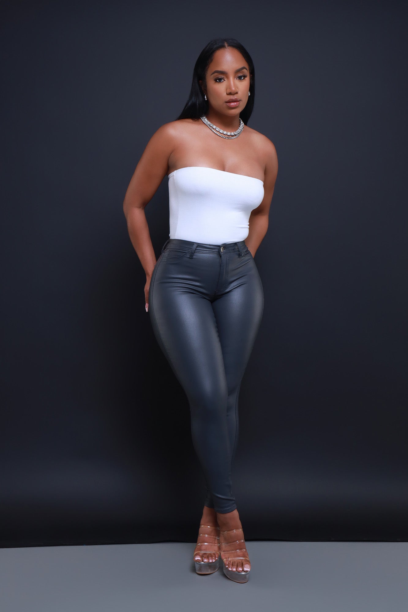 $15.99 Curve You Faux Leather High Rise Pants - Charcoal Grey - Swank A Posh