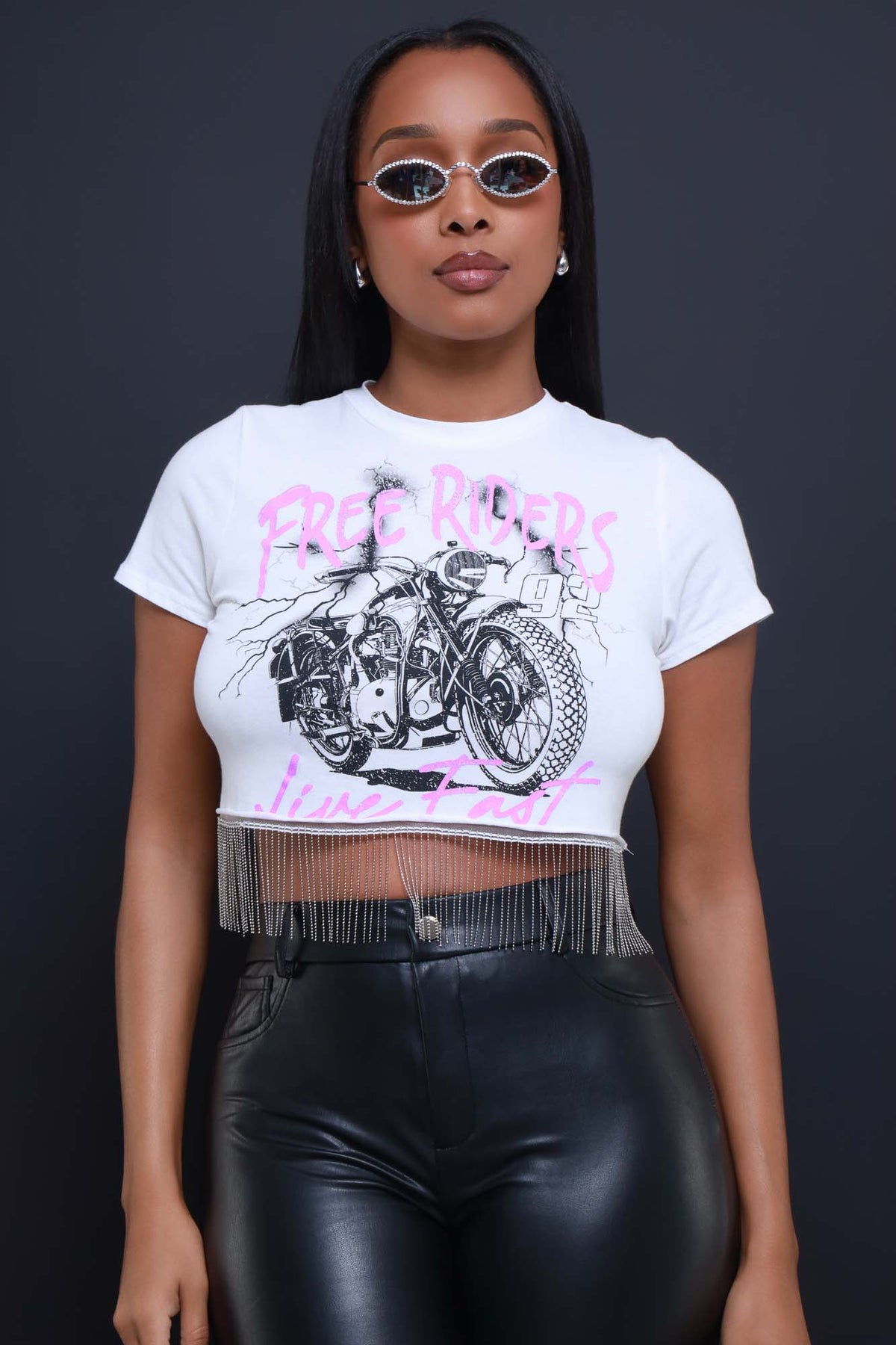 
              Live Fast Fringe Embellished Graphic Crop Top - White - Swank A Posh
            