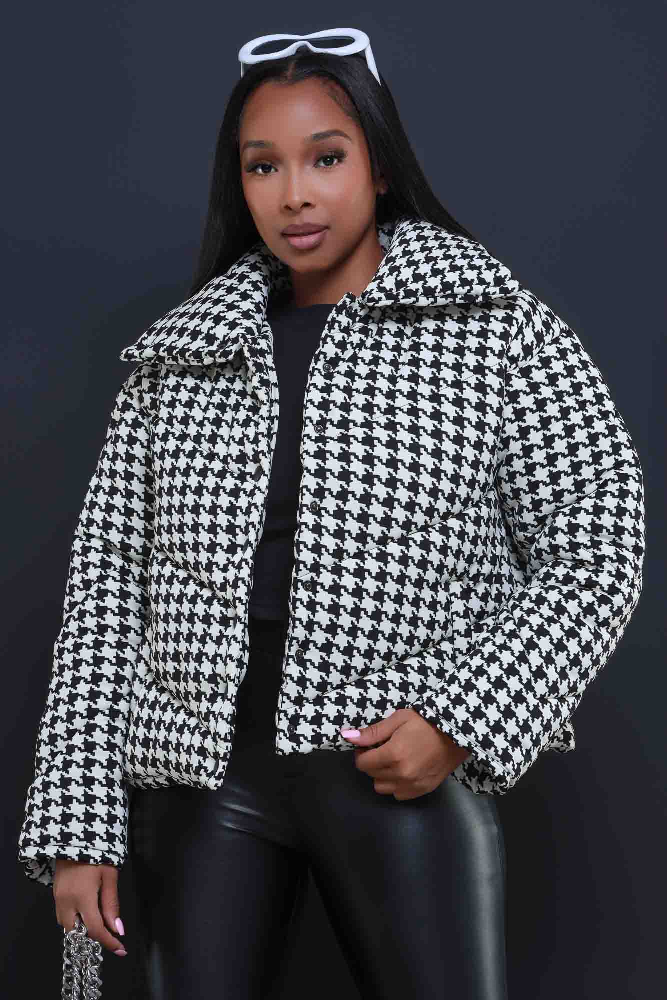 What Happened Houndstooth Puffer Coat - Black/White