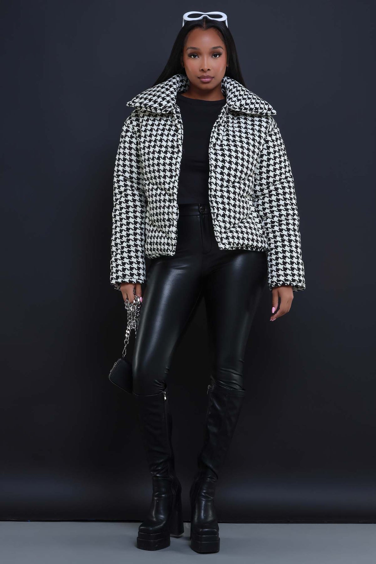 What Happened Houndstooth Puffer Coat - Black/White