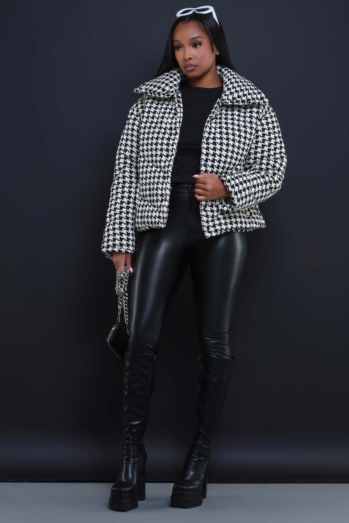 
              What Happened Houndstooth Puffer Coat - Black/White - Swank A Posh
            
