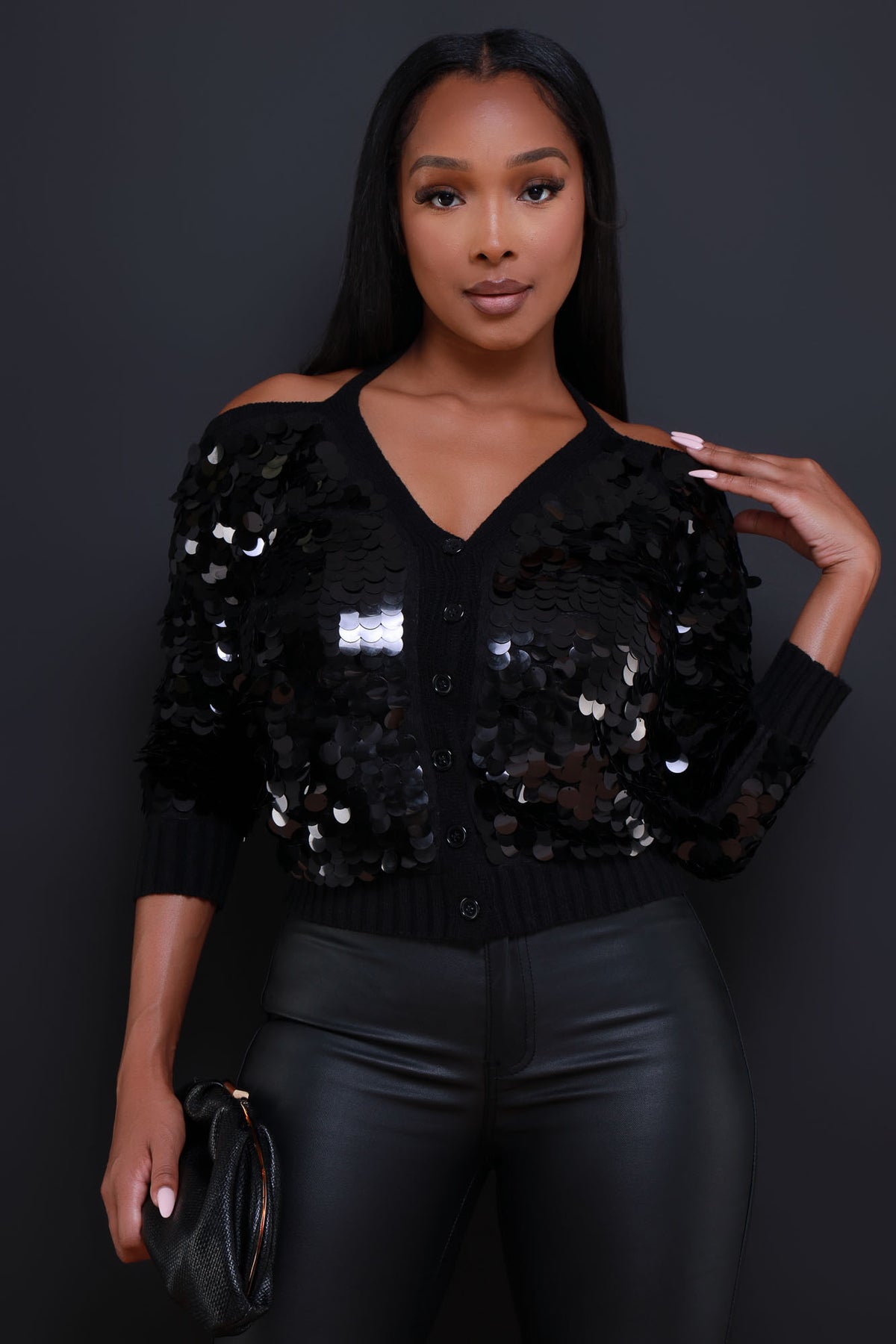 
              Post On Insta Sequin Cut Out Cardigan - Black - Swank A Posh
            