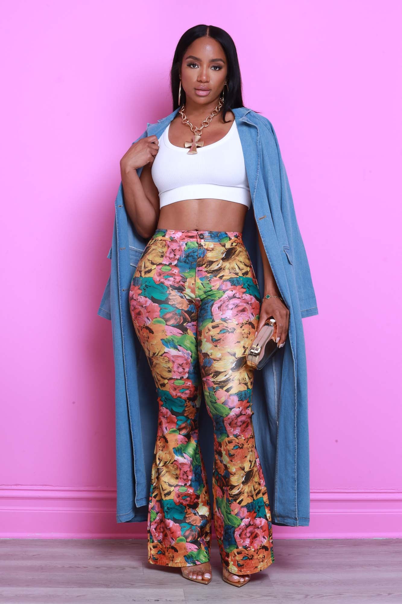 Wildflower High Rise Floral Print Faux Leather - Multicolor Flare Pants