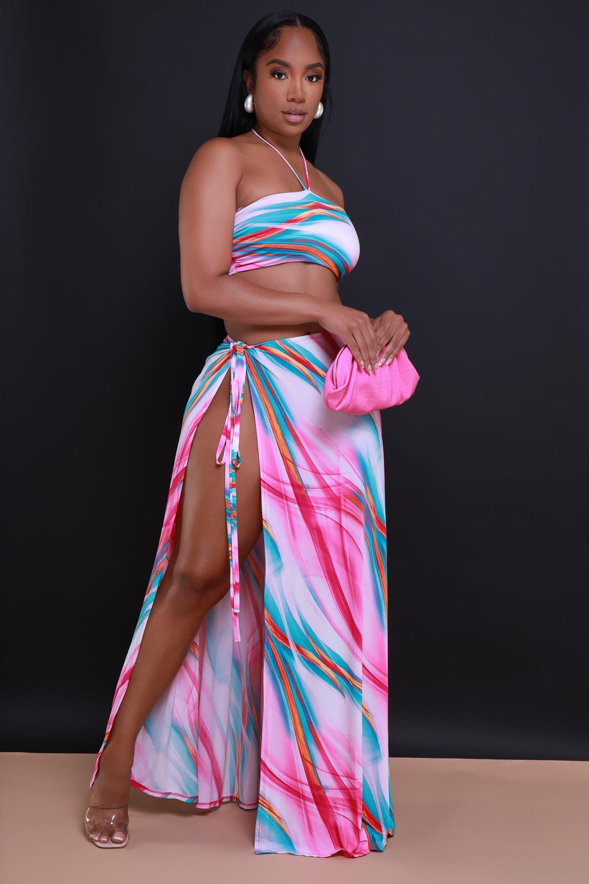 
              Slow Night Cropped Maxi Skirt Set - Pink Multicolor - Swank A Posh
            