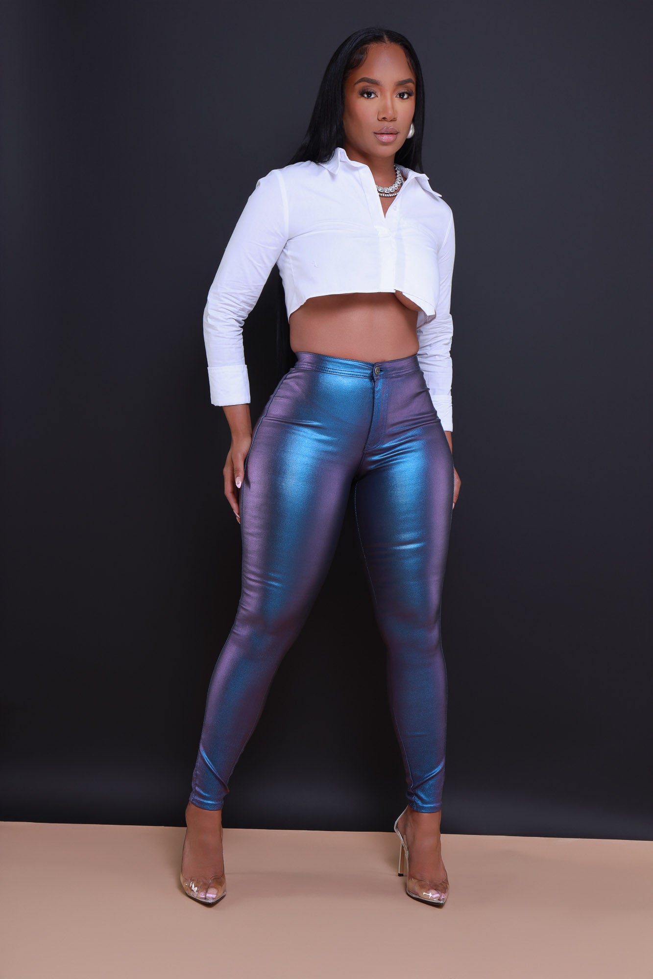 Coming In Hot High Rise Metallic Skinny Pants - Blue - Swank A Posh